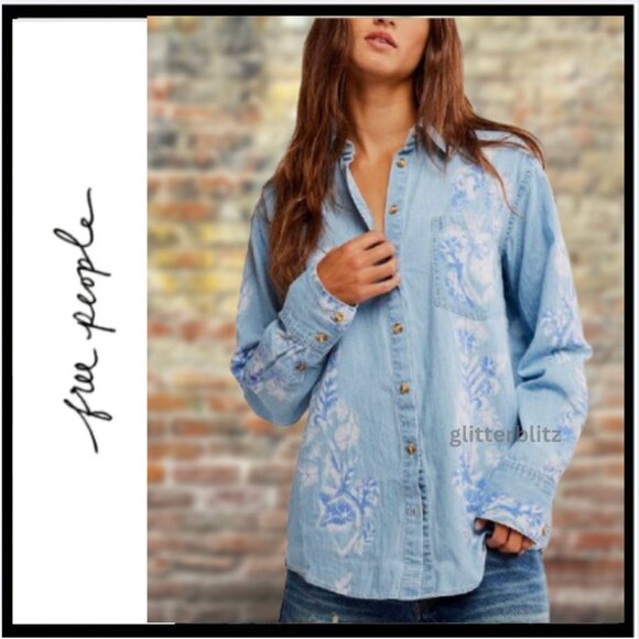 FREE PEOPLE Airbrushed Blossom Denim Shirt